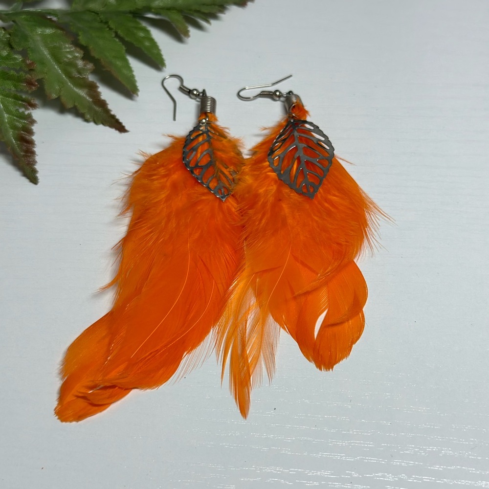 Orange Feathers , Leaf Hood Earrings